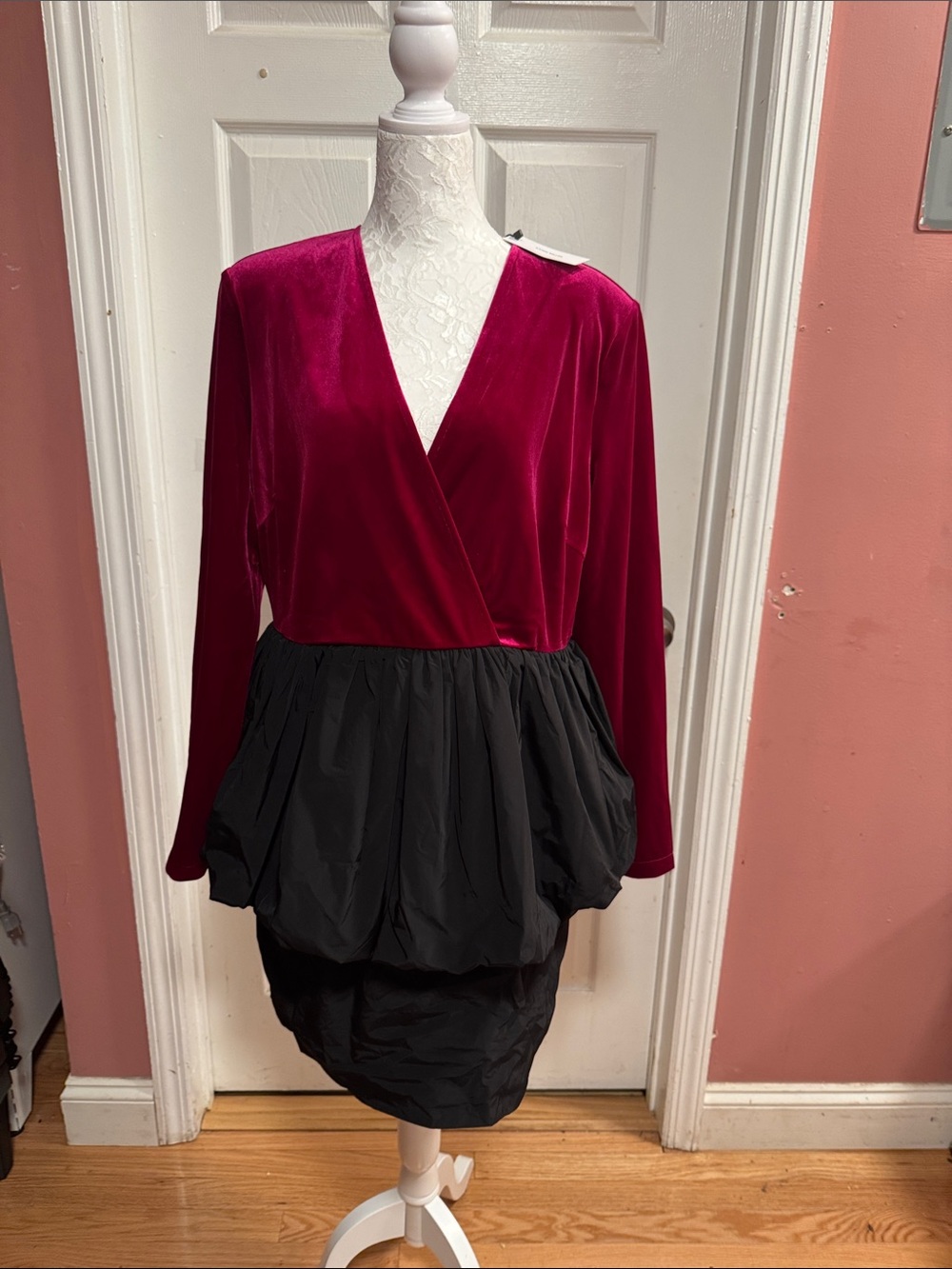 NWT Karen Millen Burgundy Velvet and Black Bubble Skirt Dress